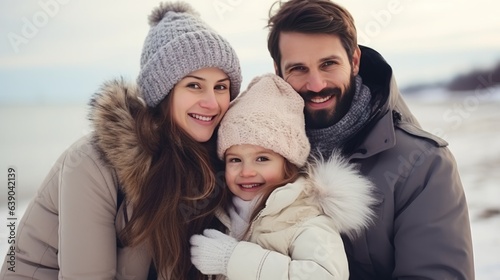 Portrait of a young married couple and their cute daughter who have fun on the beach in winter