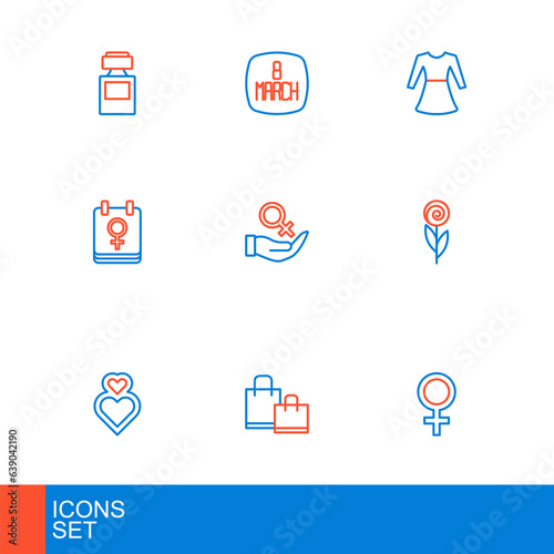 Set line Female gender symbol, Paper shopping bag, Heart, Flower, Calendar with 8 March, Woman dress and icon. Vector