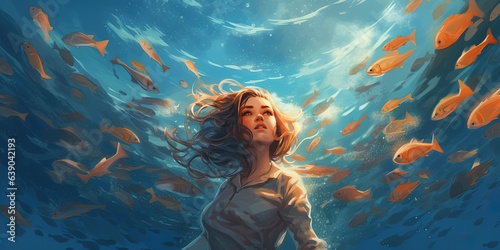 Young woman diving with a school of fish in the sea, digital art style, illustration painting