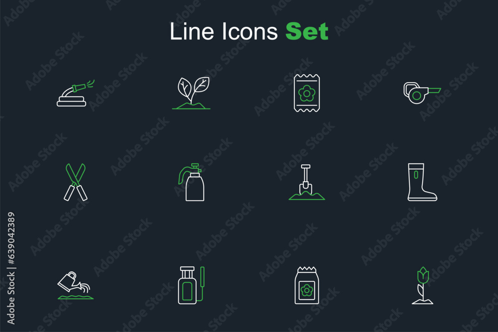 Set line Flower tulip, Pack full of seeds, Garden sprayer for water, Watering can, Waterproof rubber boot, Shovel, and Gardening scissors icon. Vector Set line Flower tulip, Pack full of seeds, Garden sprayer for water, Watering can, Waterproof rubber boot, Shovel, and Gardening scissors icon. Vector