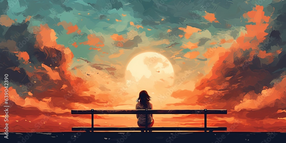 Young woman sitting on a bench against beautiful sky, digital art style, illustration painting - obrazy, fototapety, plakaty 