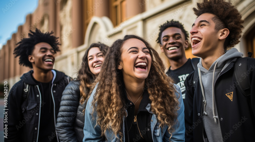 A diverse group of students sharing laughter while sitting on the steps of a university.  