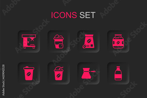 Set Iced coffee, Coffee machine, turk, jar bottle, Milk, Bag beans and cup to go icon. Vector