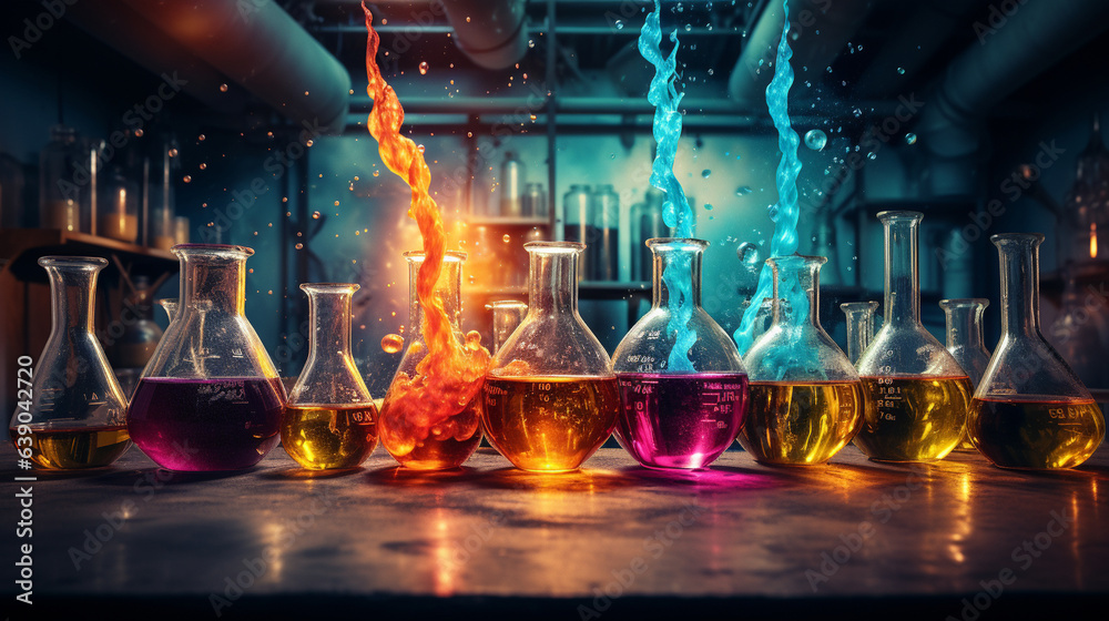 A chemistry lab with bubbling beakers and colorful liquids. A chemistry lab with bubbling beakers and colorful liquids.