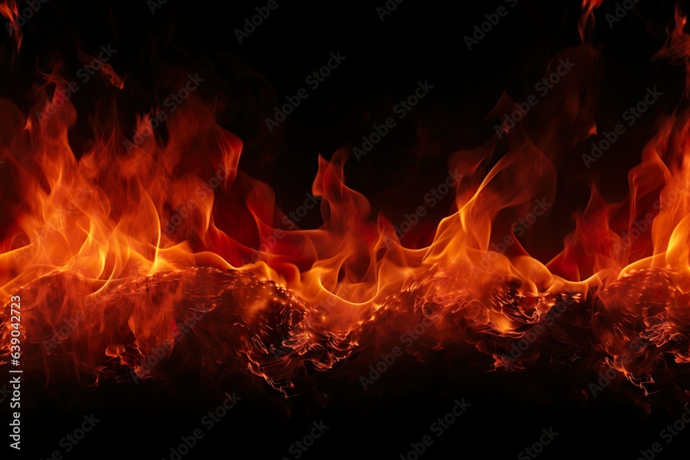Texture of burn fire with particles embers. Flames on isolated black background | Generative AI Texture of burn fire with particles embers. Flames on isolated black background | Generative AI