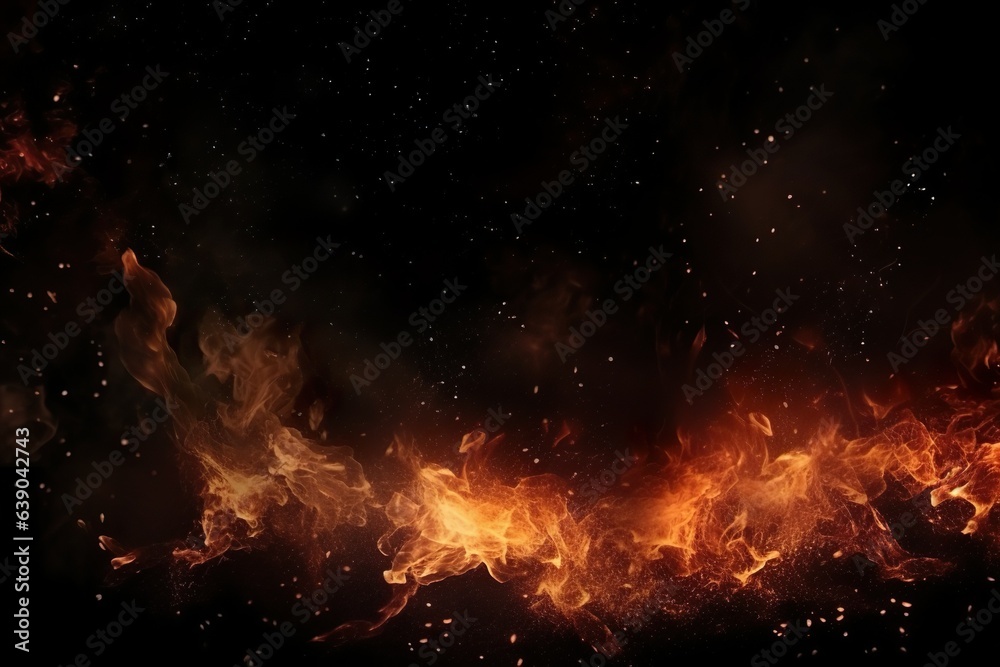Texture of burn fire with particles embers. Flames on isolated black background | Generative AI
