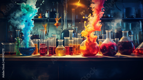 A chemistry lab with bubbling beakers and colorful liquids.   photo