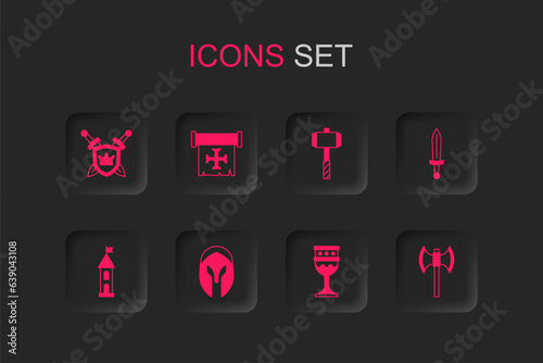 Set Medieval helmet, Crusade, Shield with swords, goblet, poleaxe, Battle hammer and Castle tower icon. Vector