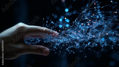 The touch of a human hand to a hovering network, depicting AI neural connections, the web, and cellular networks.. ai generation