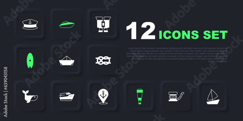 Set Marine bollard with rope, Yacht sailboat, Folded paper, Spyglass telescope lens, Surfboard, Speedboat, and Location anchor icon. Vector