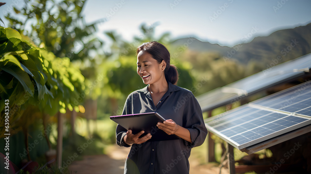 Obraz premium Woman is in the garden in front of solar panels. Fictional person. Renewable energy. Generated AI. Fictional person