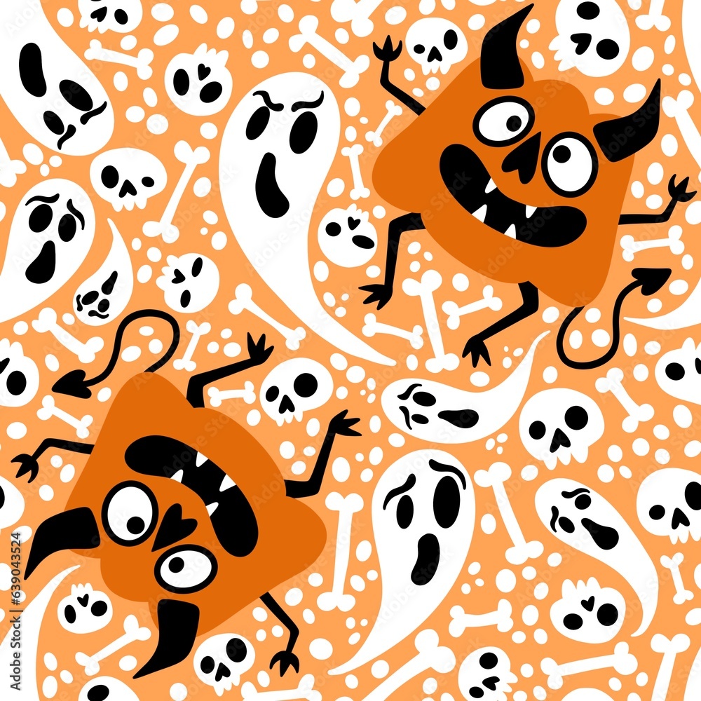 Obraz premium Halloween monsters seamless pumpkins and ghost and bones pattern for wrapping paper and fabrics and linens