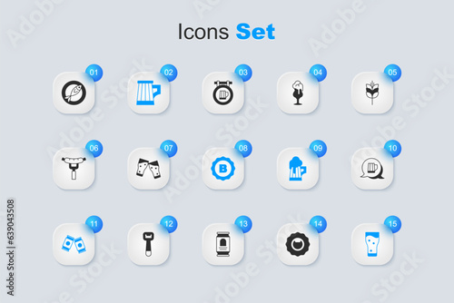 Set Bottle opener, Glass of beer, Wooden mug, Beer can, Dried fish and cap icon. Vector