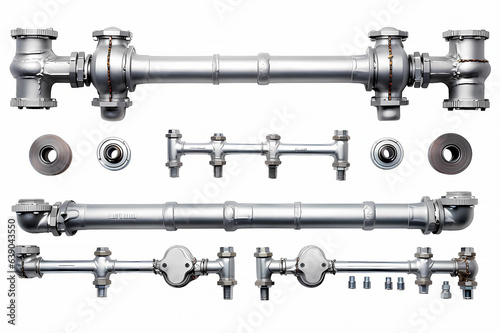 Closeup Real metal pipes with valves and rust , set of connectors and rivets, isolated on white background - GENERATIVE AI