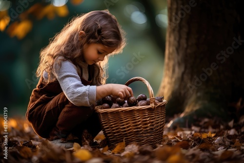 Young girl collecting chestnuts in a wicker basket - Autumn Treasures - AI Generated