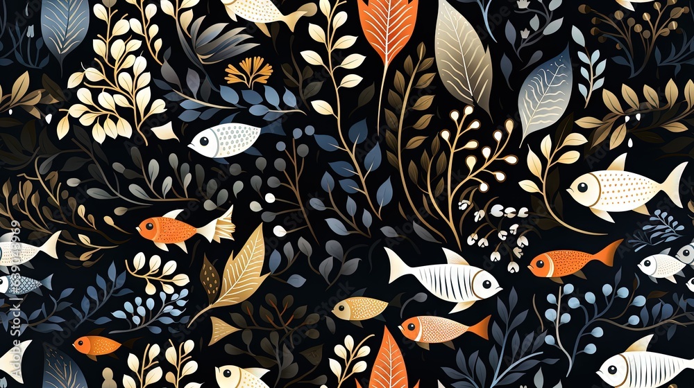 a painting of a bunch of fish in a field of plants. generative ai a painting of a bunch of fish in a field of plants. generative ai