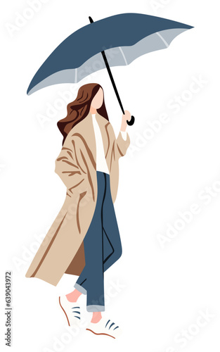 girl with umbrella walks in autumn clothes in beige raincoat jeans white sneakers isolated on transparent background hand drawn flat vector illustration
