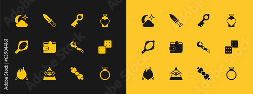 Set Bottle with love potion, All-seeing eye of God, Magic staff, Bow tie, Wallet, Old magic key, Moon and stars and Dagger icon. Vector