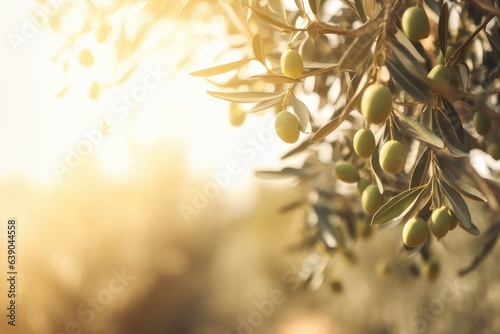defocused olive fiel trees background with branches
