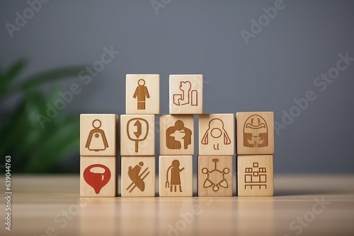 Doctor arranged wooden block with icons of medical healt photo