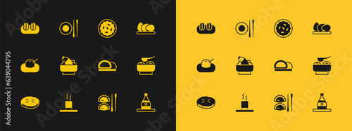 Set Chicken egg, Cup of tea, Sushi, Dumpling with chopsticks, Rice fish bowl, Homemade pie, and Food plate icon. Vector