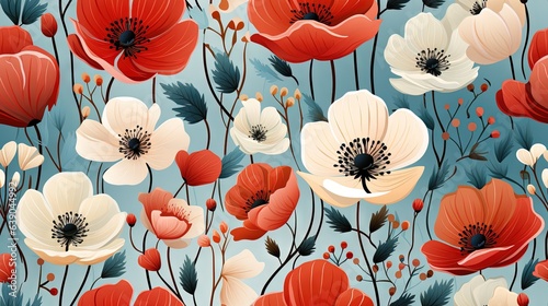  a bunch of red and white flowers on a blue background. generative ai