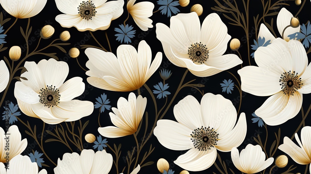  a bunch of white flowers with blue centers on a black background.  generative ai