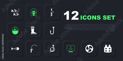 Set Outboard boat motor, Fishing jacket, boots, hook, bucket with fish, rod, Inflatable and and worm icon. Vector