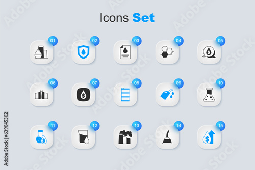 Set Canister for motor machine oil, Oil drop with dollar symbol, on shield, petrol test tube, price increase, tank storage and Barrel icon. Vector