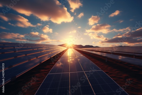 Solar panels with beautiful sky at sunset. 3D Rendering.