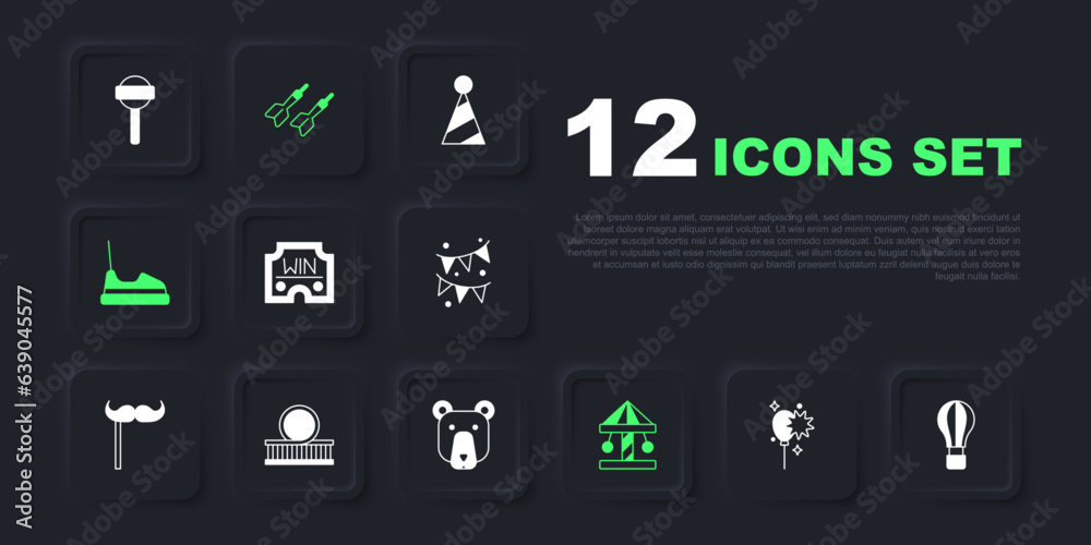 Set Balloons with ribbon, Hot air balloon, Casino win, Attraction carousel, Bumper, Roller coaster, Dart arrow and Bear head icon. Vector Set Balloons with ribbon, Hot air balloon, Casino win, Attraction carousel, Bumper, Roller coaster, Dart arrow and Bear head icon. Vector