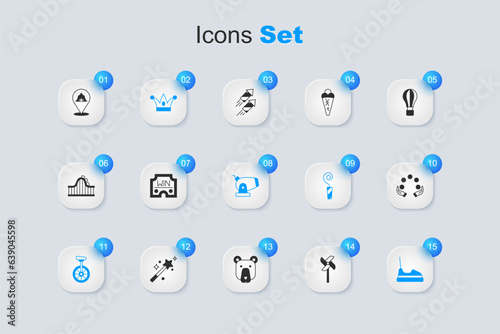 Set Pinwheel toy, Casino win, Jester hat with bells, Unicycle, Bumper car, Juggling ball, Circus tent and Cannon icon. Vector