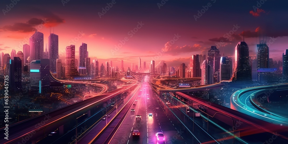 A highway illustration of a scfi future city, anime manga style, generative ai technology