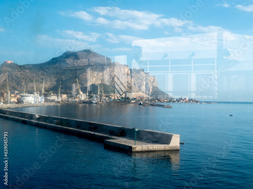 Palermo, il monte Pellegrino con i reflessi dell'interno del traghetto da cui è stata scattata la foto. photo
