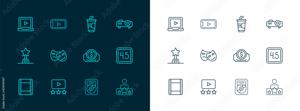 Set line Movie, film, media projector, Rating movie, Cinema ticket, CD disk award frame, Comedy and tragedy masks, Paper glass with water, Online play video and icon. Vector Set line Movie, film, media projector, Rating movie, Cinema ticket, CD disk award frame, Comedy and tragedy masks, Paper glass with water, Online play video and icon. Vector