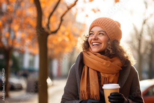Foto Young Woman in a Scarf Drinking Cup of Coffee on a Street with Fall Leaves