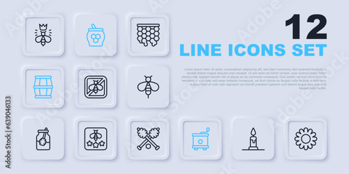 Set line Burning candle, Flower, Stop bee, Honey extractor, Wooden barrel with honey, Type of, Jar dipper stick and icon. Vector