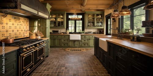 A large kitchen with a center island next to a stove top oven