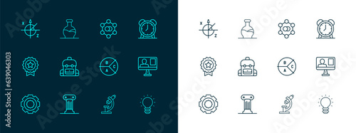Set line Alarm clock, Law pillar, Pie chart infographic, Microscope, School backpack, Molecule, Trigonometric circle and Test tube icon. Vector