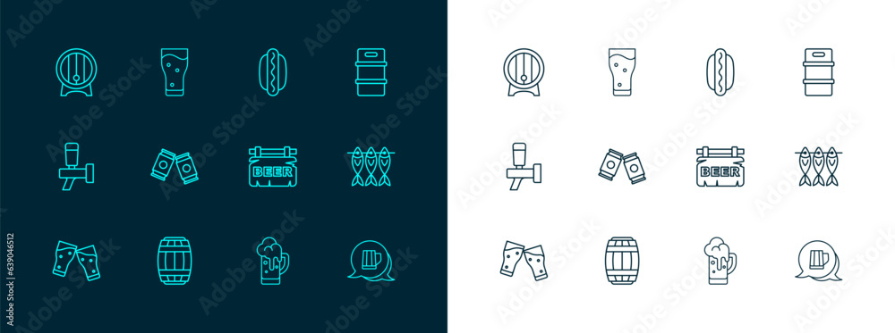 Set line Metal beer keg, Wooden barrel, Street signboard with Beer, Glass of, can, Hotdog sandwich, on rack and icon. Vector Set line Metal beer keg, Wooden barrel, Street signboard with Beer, Glass of, can, Hotdog sandwich, on rack and icon. Vector