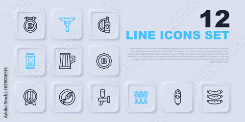 Set line Salami sausage, Sausage, Wooden beer mug, Dried fish, Beer can, on the fork and tap icon. Vector