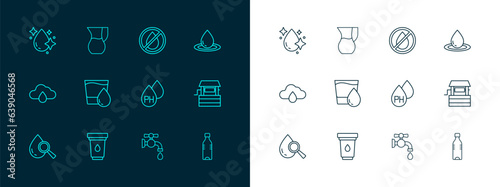 Set line Water drop, filter cartridge, tap, Glass with water, forbidden, and Jug glass icon. Vector