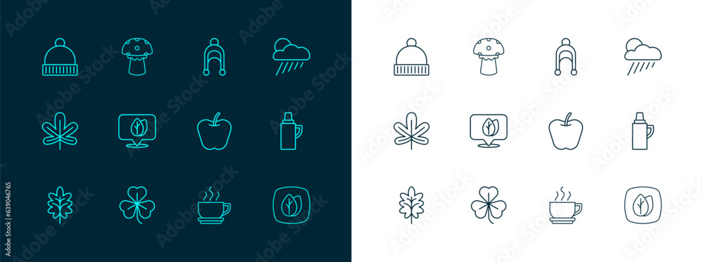 Set line Cloud with rain and sun, Clover, Apple, Coffee cup, Location leaf, Winter hat, and Mushroom icon. Vector Set line Cloud with rain and sun, Clover, Apple, Coffee cup, Location leaf, Winter hat, and Mushroom icon. Vector