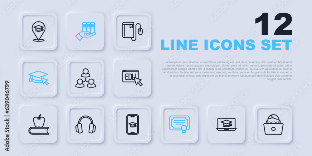 Set line Graduation cap on laptop, Student working, Online class, Certificate template, with cursor, Headphones, Book donation and mobile icon. Vector Set line Graduation cap on laptop, Student working, Online class, Certificate template, with cursor, Headphones, Book donation and mobile icon. Vector