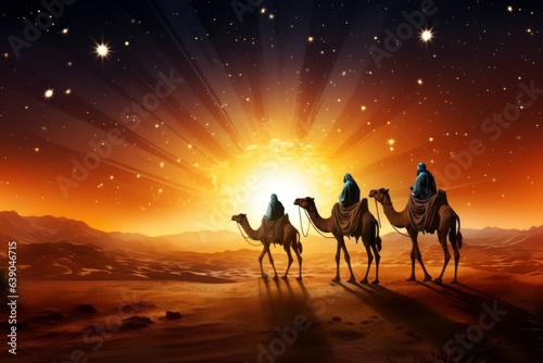 journey of three kings and camels through desert, guided by star, Generative AI photo