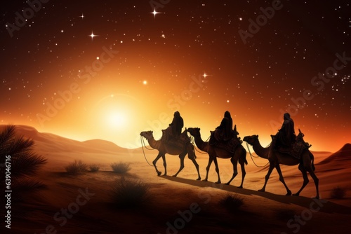 journey of three kings and camels through desert  guided by star  Generative AI