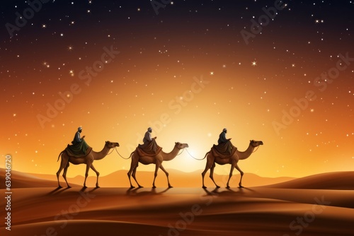 journey of three kings and camels through desert, guided by star, Generative AI