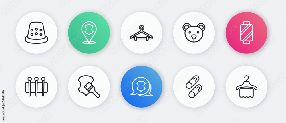 Set line Leather, Sewing thread on spool, Needle for sewing, Closed steel safety pin, Teddy bear plush toy, Hanger wardrobe, and icon. Vector Set line Leather, Sewing thread on spool, Needle for sewing, Closed steel safety pin, Teddy bear plush toy, Hanger wardrobe, and icon. Vector