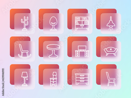 Set line Lamp hanging, Furniture nightstand with lamp, Office desk, Chest of drawers, Round table, Library bookshelf, Coat and Armchair icon. Vector