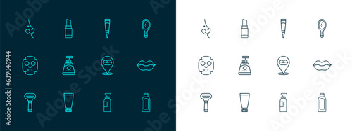 Set line Hand mirror, Cream lotion cosmetic tube, Smiling lips, Bottle of shampoo, Acne and Lipstick icon. Vector